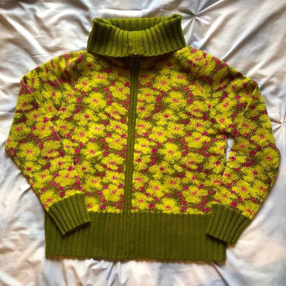 Green grass| abstract zip up knit sweater| multicolor statement pattern